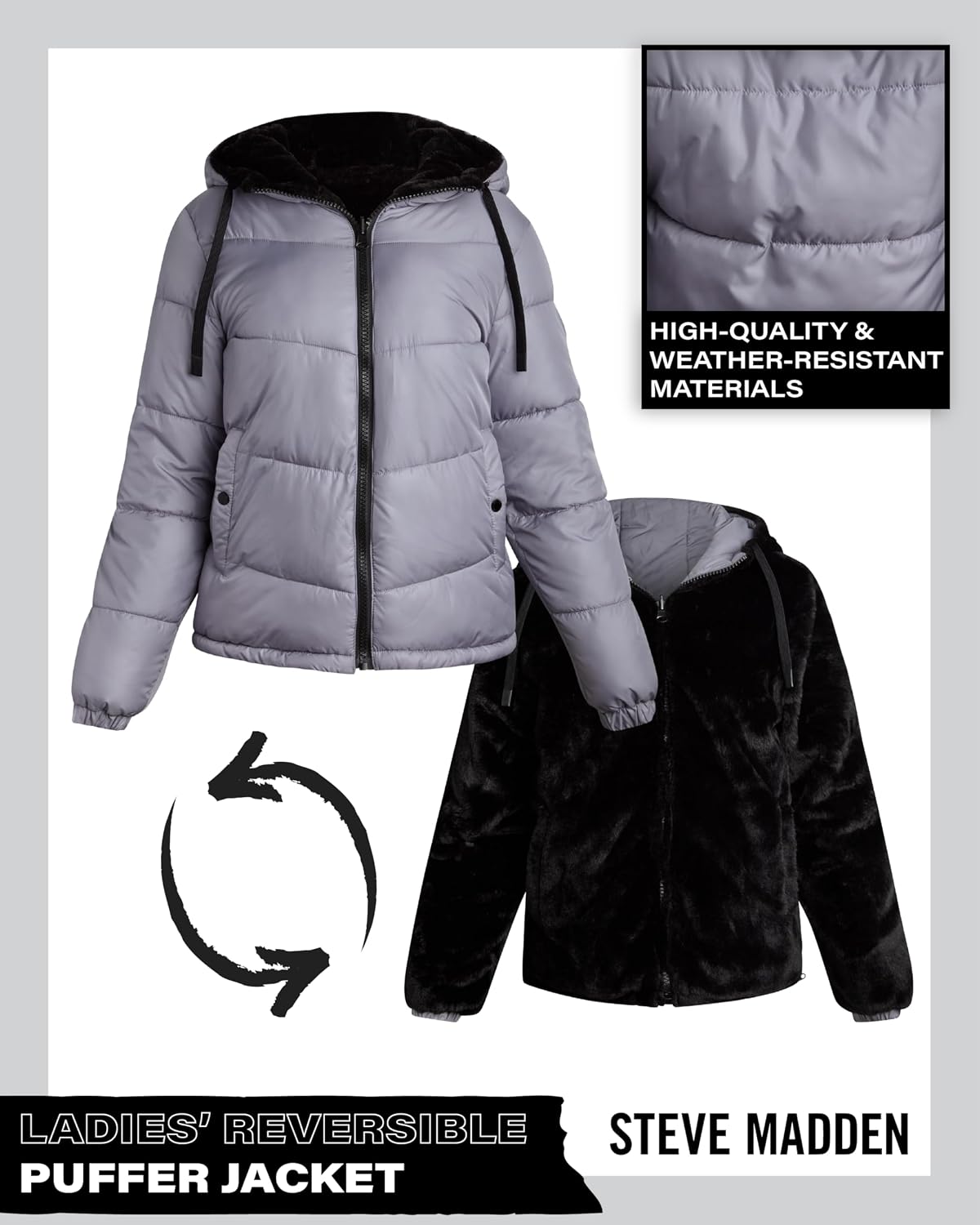 Steve Madden Womens Reversible Quilted Parka Puffer Faux Fur Lined Coat
