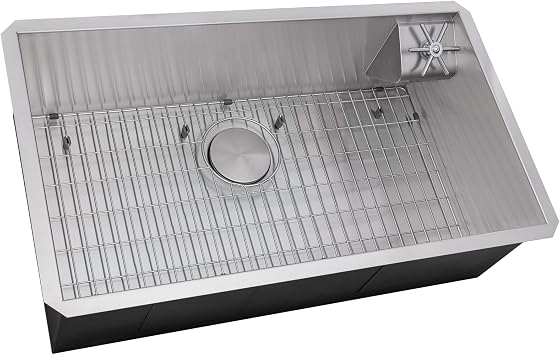 Ruvati 33-inch Undermount 16 Gauge Stainless Steel Kitchen Sink Single Bowl Glass Rinser with Rounded Corners, Bottle & Cup Washer, Modern Stainless Finish RVH7533