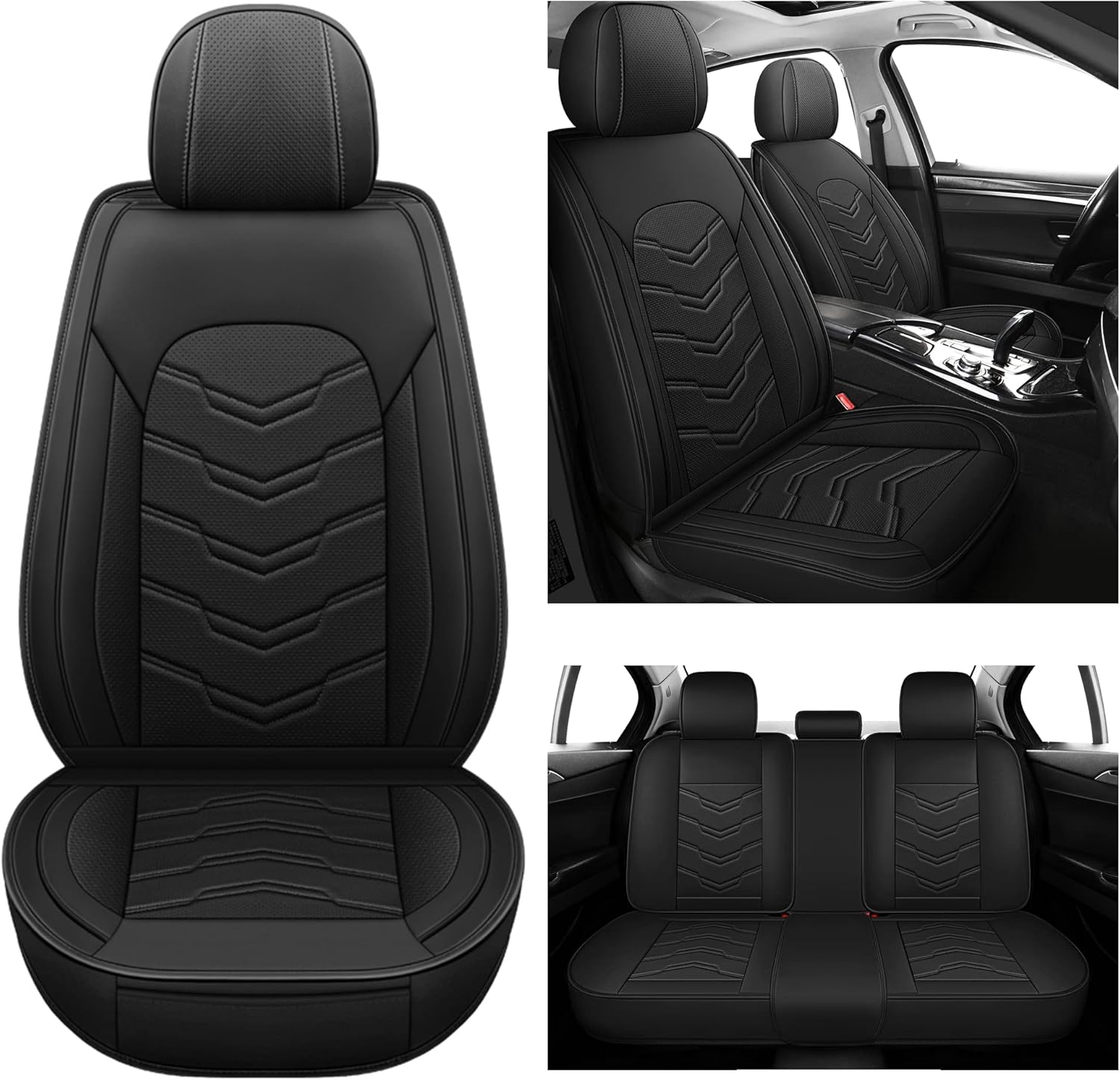 AOOG Leather Car Seat Covers 5PCS Full Set, Breathable Leatherette Automotive Seat Covers, Non-Slip Universal Interior Covers Waterproof for Most Sedans SUV Trucks, Airbag Compatible, Black FULL SET BLACK image 2 of 9 B0B9MTZDMJ