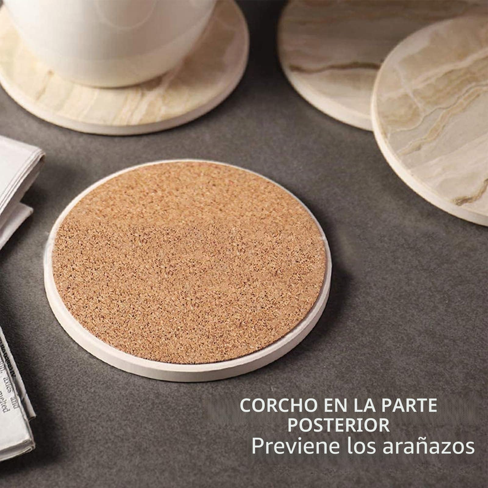 Tissting 6 Posavasos Mármol Blanco Cerámica 4in Soporte Metal Base Corcho | Tapetes Absorbentes Redondos Patrón Natural Decoración Hogar Cocina