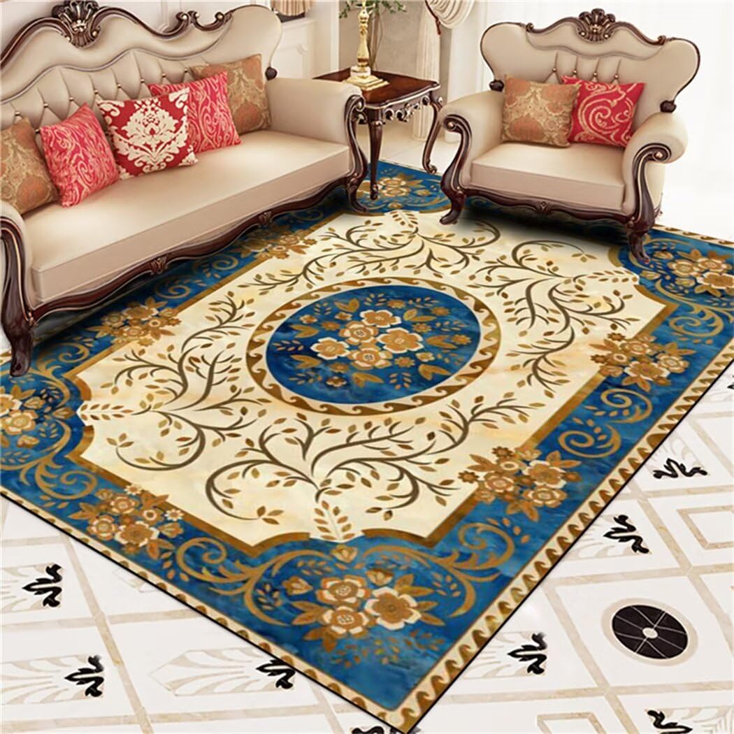 Tapis de salon bleu 100x160cm au motif imprimé rétro chic pour habiller votre chambre