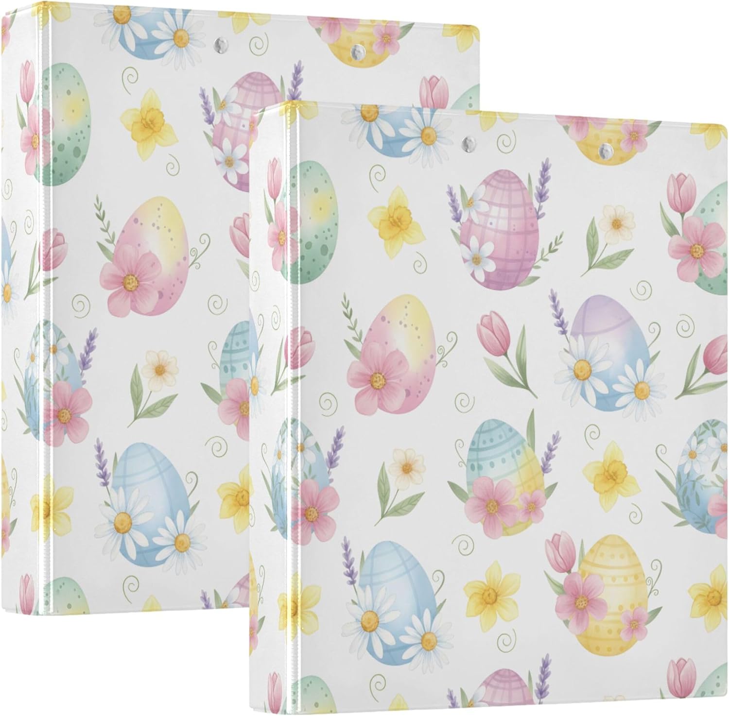 Easter Eggs and Flowers 3 Ring Binders, 1.5” Round Ring Binders with Clipboard - Letter Size, 3 Interior PVC Clear Pockets & Anti-Slip Clip for Office School Supplies, 2PCS