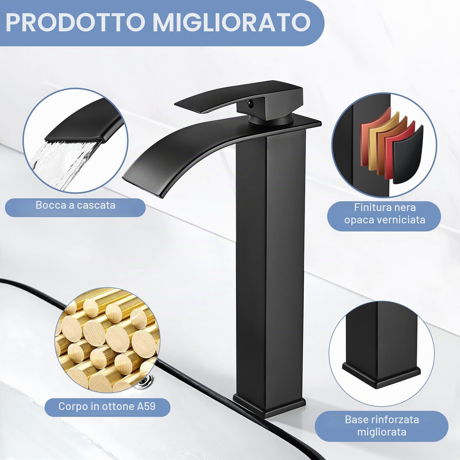 Rubinetto Bagno Cascata Nero, Coleniny Miscelatore Lavabo Bagno, Rubinetto Bagno Lavabo Alto con altezza bocca 235mm, Miscelatore Monocomando per Bagno Può Regolazione a Caldo e Freddo G3/8