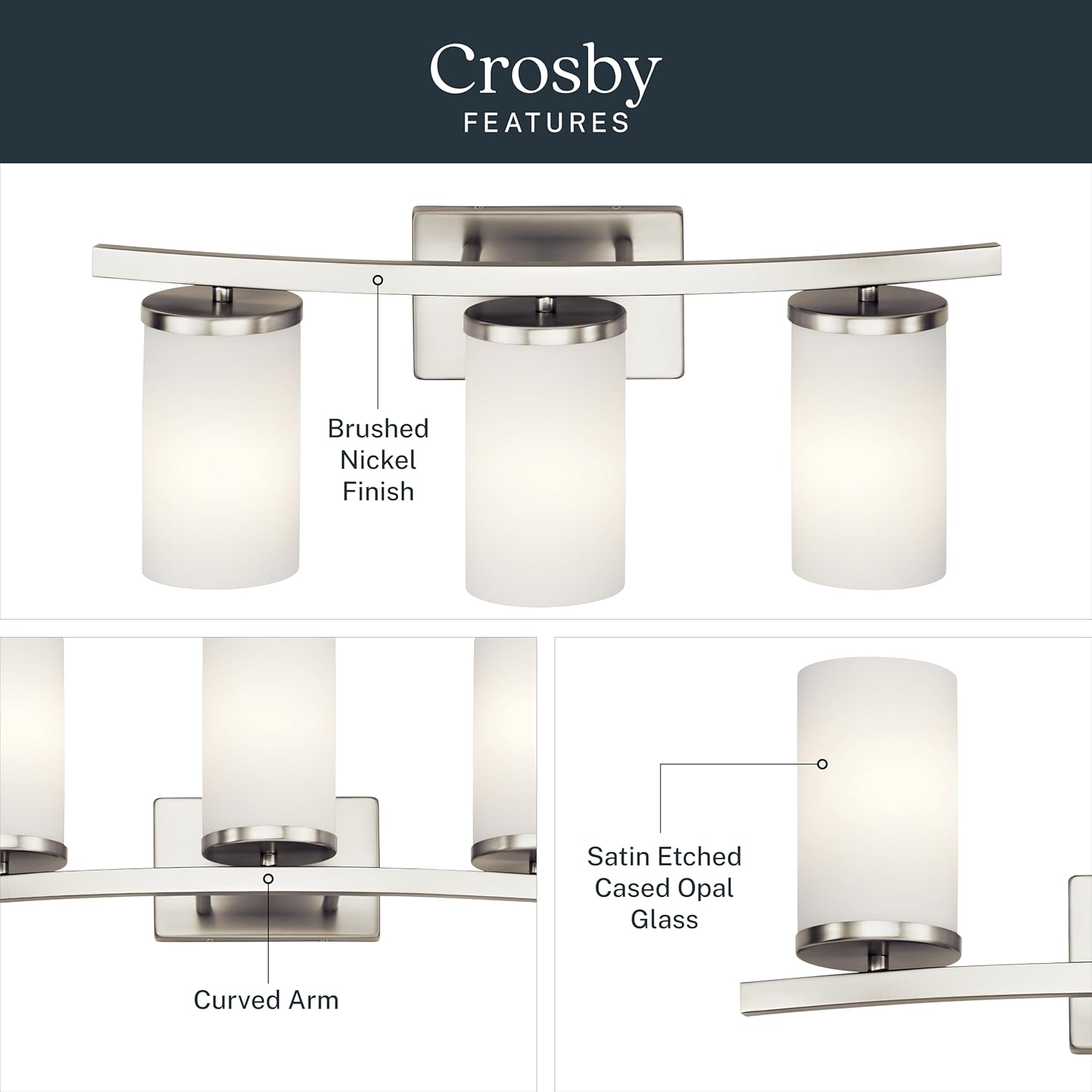 Kichler Crosby 23" Vanity Light in Brushed Nickel, 3-Light Contemporary Bathroom Light with Satin Etched Cased Opal Glass, (23" L x 8.75" H), 45497NI