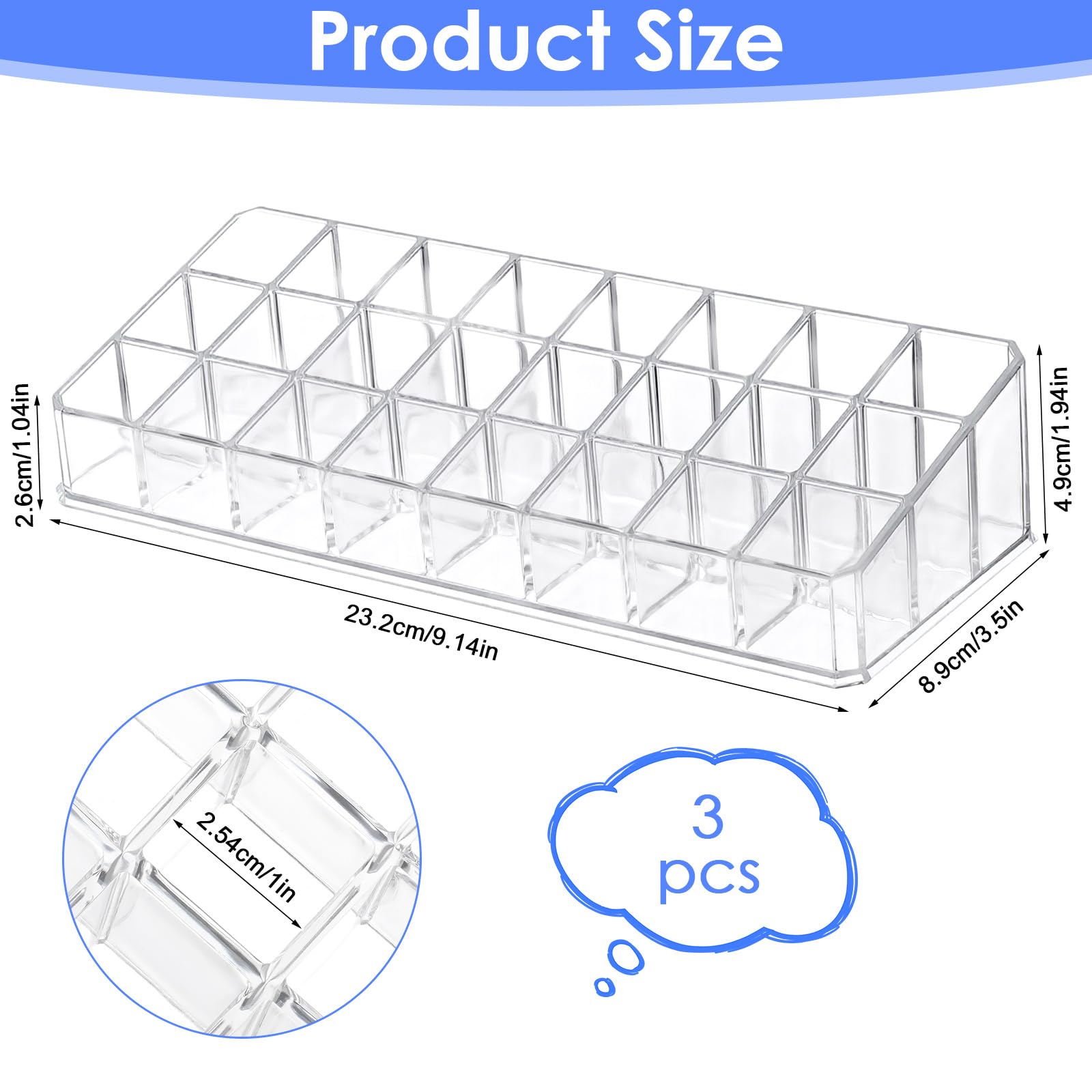 Lippenstift-Organizer aus Acryl, 72 Fächer, transparent, für Lipgloss, Kosmetik und Schminktisch, 3 Stück