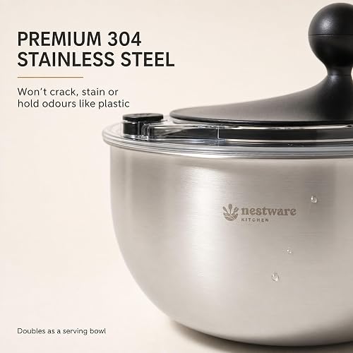 Nestware Kitchen Stainless Steel Salad Spinner, Lettuce, Vegetable & Fruit Dryer, 5L Capacity, Non-Slip Base (304 Stainless Steel - Black) - 2