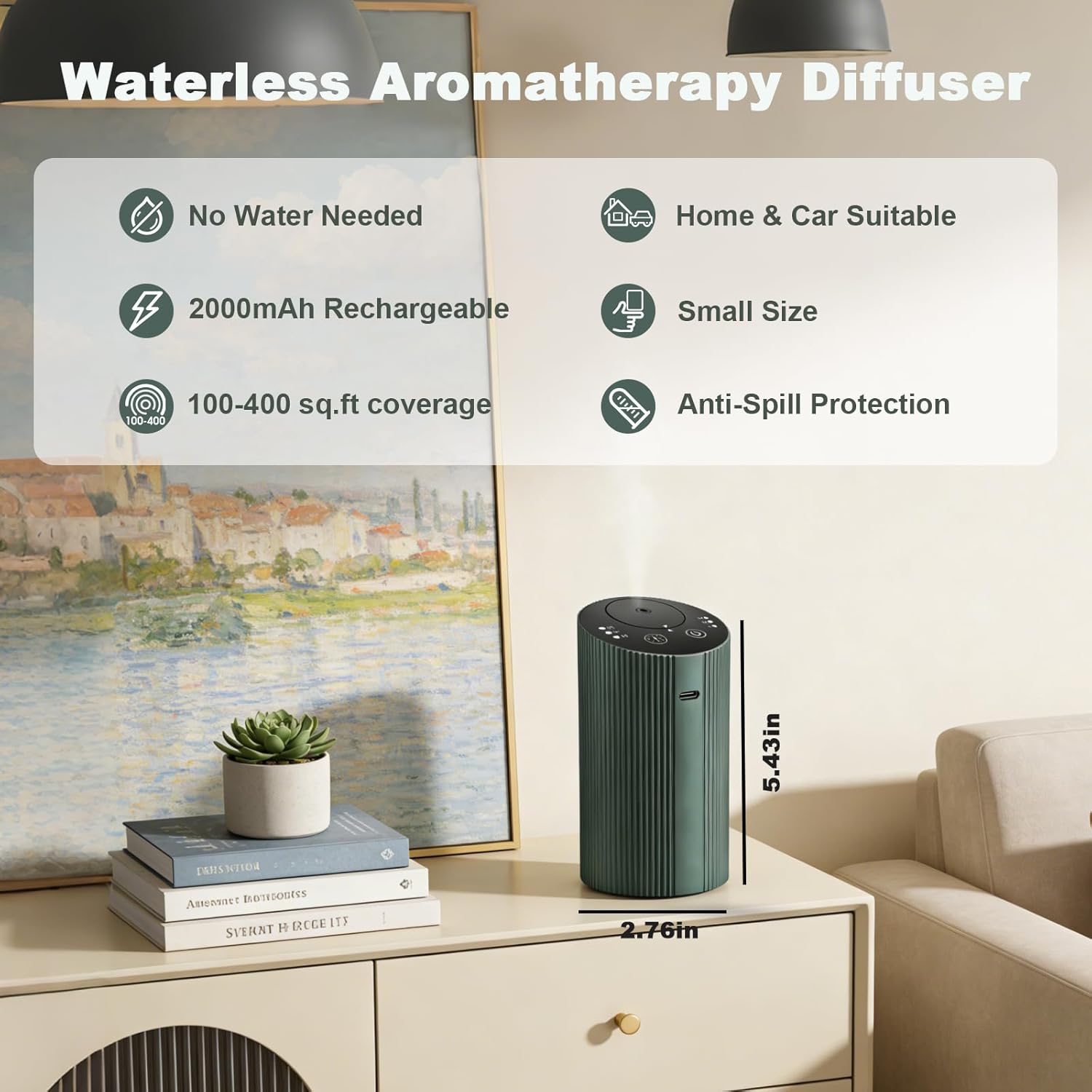 Waterless Essential Oil Diffuser with 4 Timer (1/3/6H & Off) & 3 Mist(L/M/H), Air Scent Diffuser for Home Car Office, Rechargeable Aromatherapy Diffuser, Portable Mini Aroma Diffuser, Dark Green - Image 2