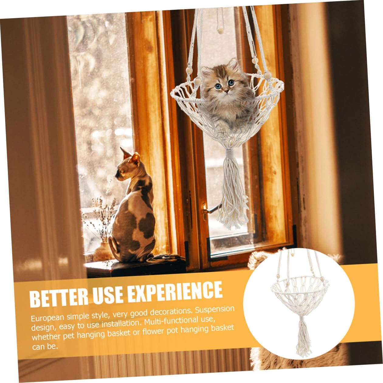 Yardwe Bohemian Woven Cat Hammock Hanging Bed 40cm Handcrafted Cotton Pet Nest for Cats and Kittens 20-30lbs Indoor Sleeping Lounging Accessory