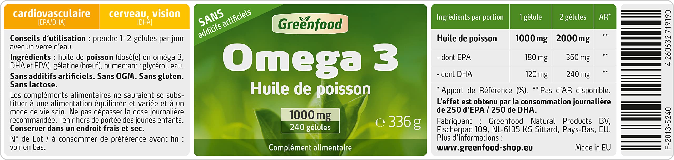Greenfood Oméga 3, 1000 mg, 240 gélules - SANS additifs | Huile de poisson, riche en EPA/DHA, cœur, cerveau et vision, testée en laboratoire, sans gluten, sans lactose.