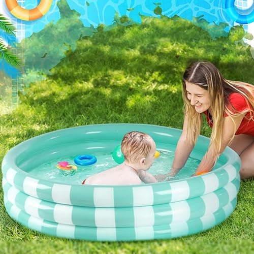 Miniatura 6 de Paquete de 4 piscinas inflables para niños pequeños, 48 x 10 pulgadas, piscina redonda turquesa para niños con 3 anillos, piscina para bebés para