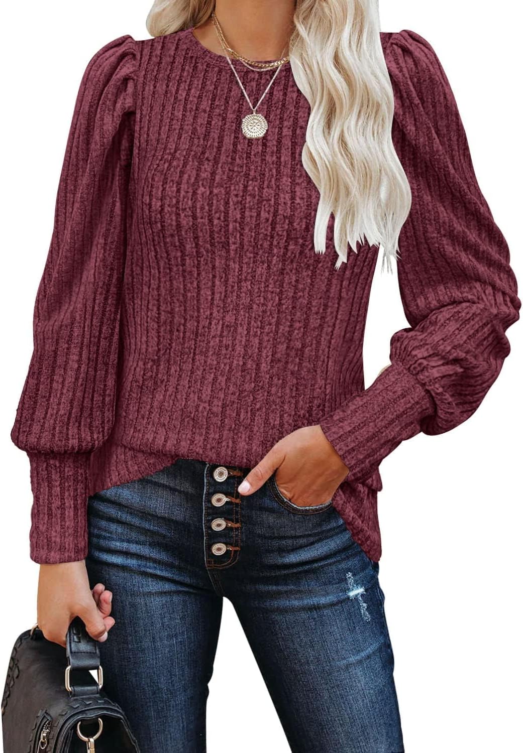 MIHOLL Women's Puff Long Sleeve Shirts Casual Knit Blouses Crew Neck Elegant Tunic Tops