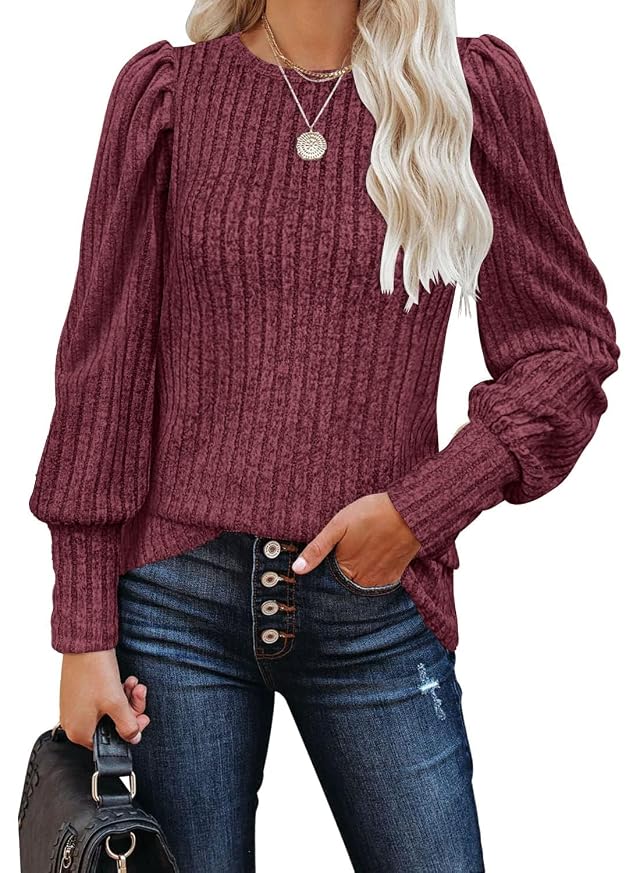 MIHOLL Womens Puff Long Sleeve Shirts Casual Knit Blouses Crew Neck Elegant Tunic Tops
