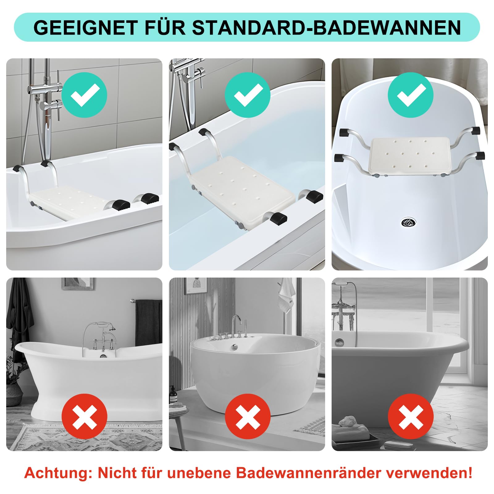 Asiento de bañera para personas mayores, cabeza antideslizante ampliada, asiento de ducha, banco de ducha para bañera, patas de goma semicirculares con superficie antideslizante, aluminio, soporta