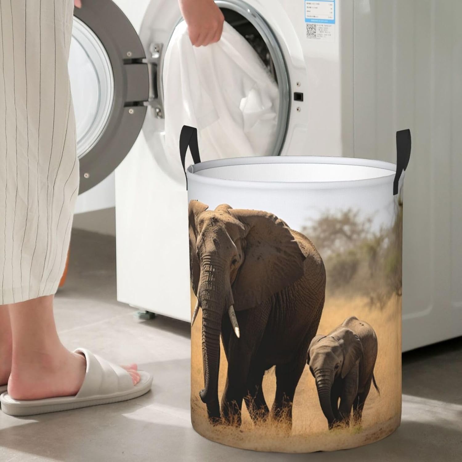 Walking Elephants Mother And Baby Printed Laundry Basket Collapsible Laundry Hamper Waterproof Storage Basket With Handles For Home Bathroom Bedroom Dorm