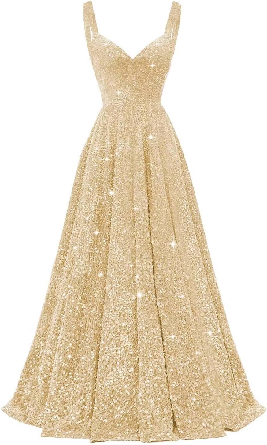 A Line Sparkly Sequined Prom Dresses for Women, V Neck Formal Evening Gowns Cocktail Party Dresses with Straps