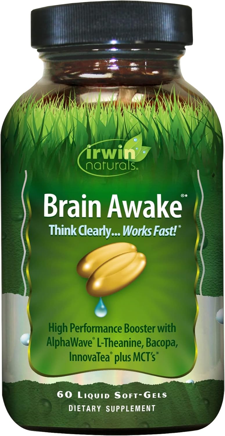 Irwin Naturals Brain Awake Enhanced Mental Performance, Increased Focus, Boost Clarity & Concentration - Powerful Nootropic Booster with L-Theanine, Bacopa, MCT's & InnovaTea - 60 Liquid Softgels