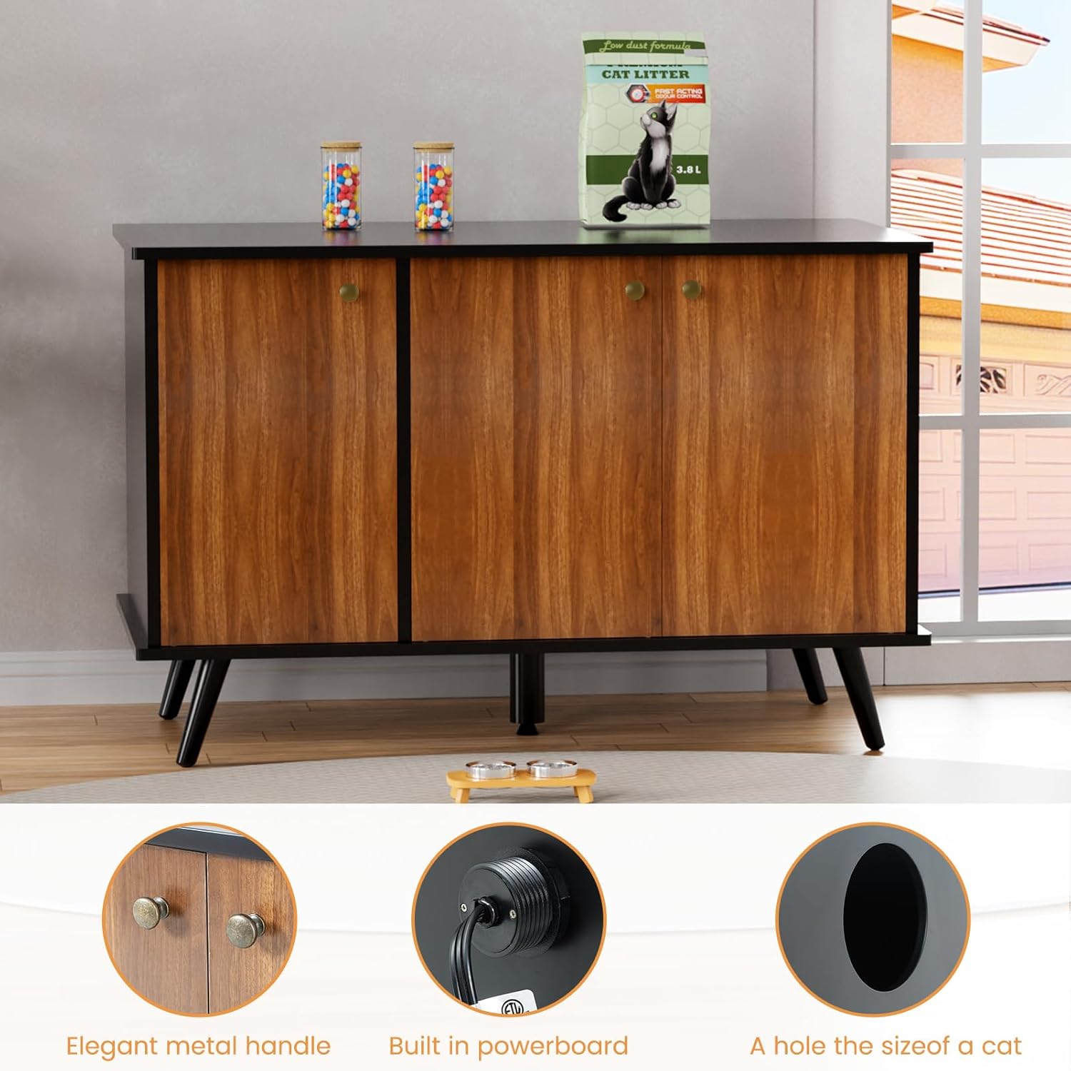 Cat Litter Box Enclosure, Hidden Litter Box Furniture with Built-in Power Outlet, Indoor Cat House, Cat Washroom Furniture, End Side Table for Hallway & Bedroom