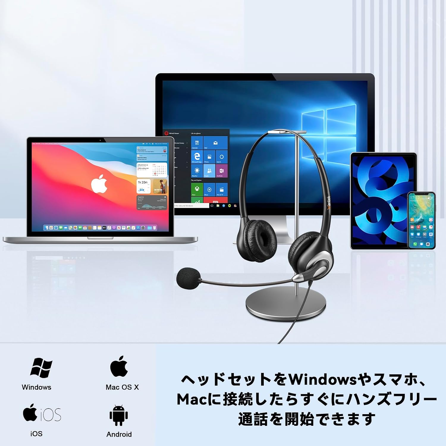 Wantek headset compatible with various devices including Windows, Mac, iOS, and Android