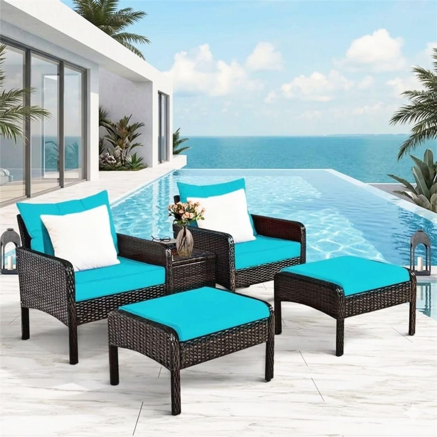 DEVOKO 5 Pieces Wicker Patio Furniture Set Outdoor with Ottomans & Coffee Table for Poolside, Garden, Balcony (Dark Brown & Sky Blue)-image-26