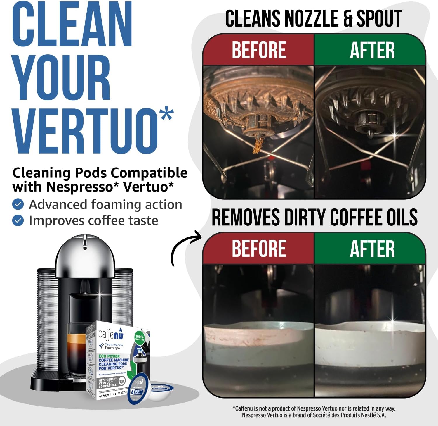 Caffenu Cleaning Pods Compatible with Nespresso Vertuo. 4 Cleaner Capsules. For Improved Coffee Flavor and Crisp Coffee. Use with Descaling Kit
