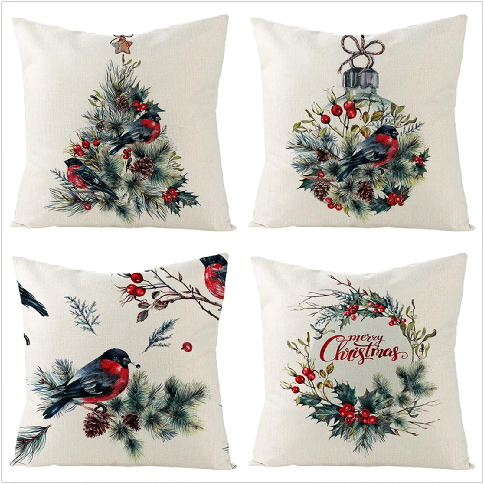 Fundas Cojines 65x65cm,Juego de 4 Fundas de Cojines Modernas Lino Decorativa Hogar Almohadas Fundas para Sala Sofá Cama Decoración para Hogar pájaro del árbol de Navidad