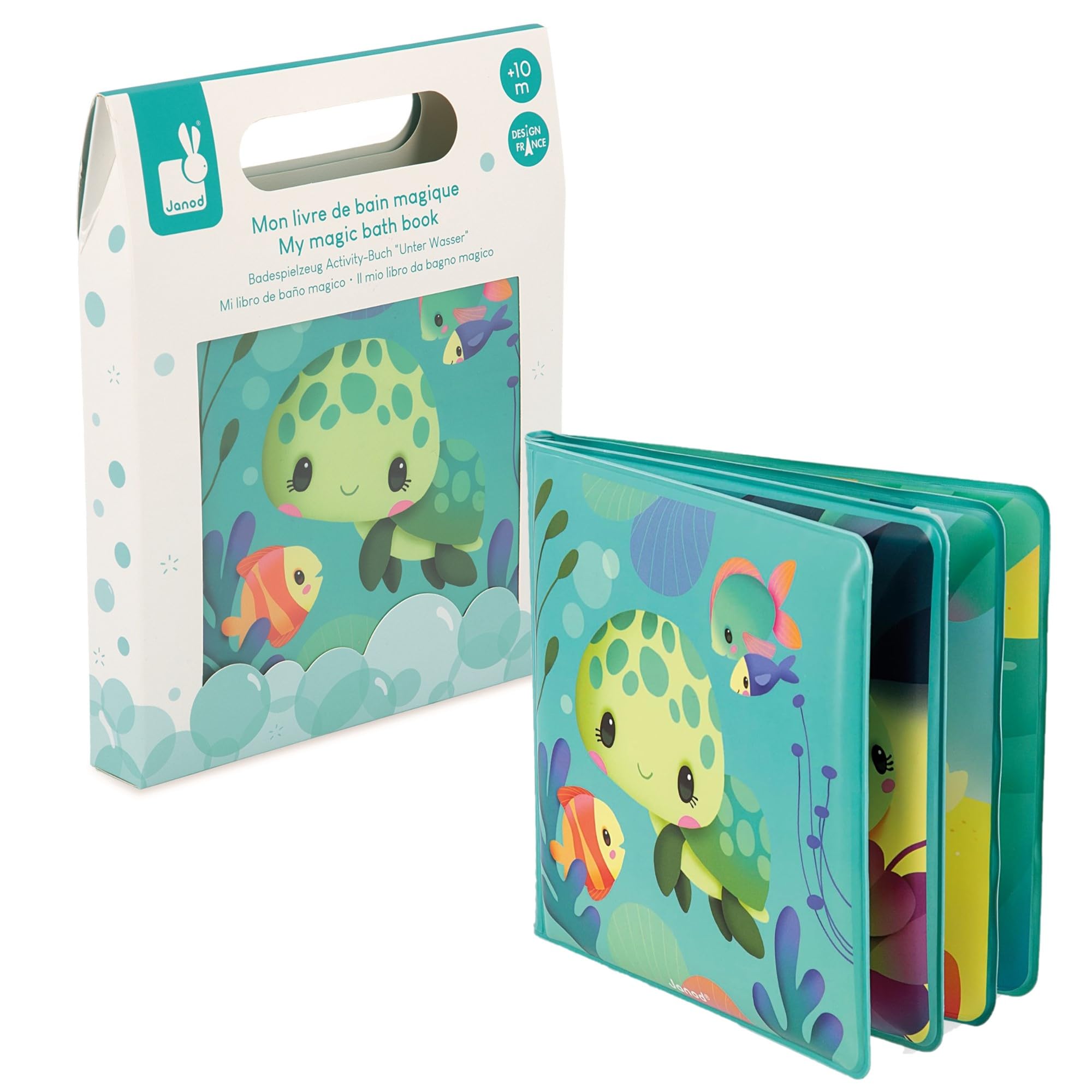 Janod - Libro de Baño Mágico - Vida Tortugas de Mar - 8 Páginas Ilustradas - Tinta Mágica - Juguete Para El Baño - Juego de Estímulo - A Partir de 10 Meses, J04721