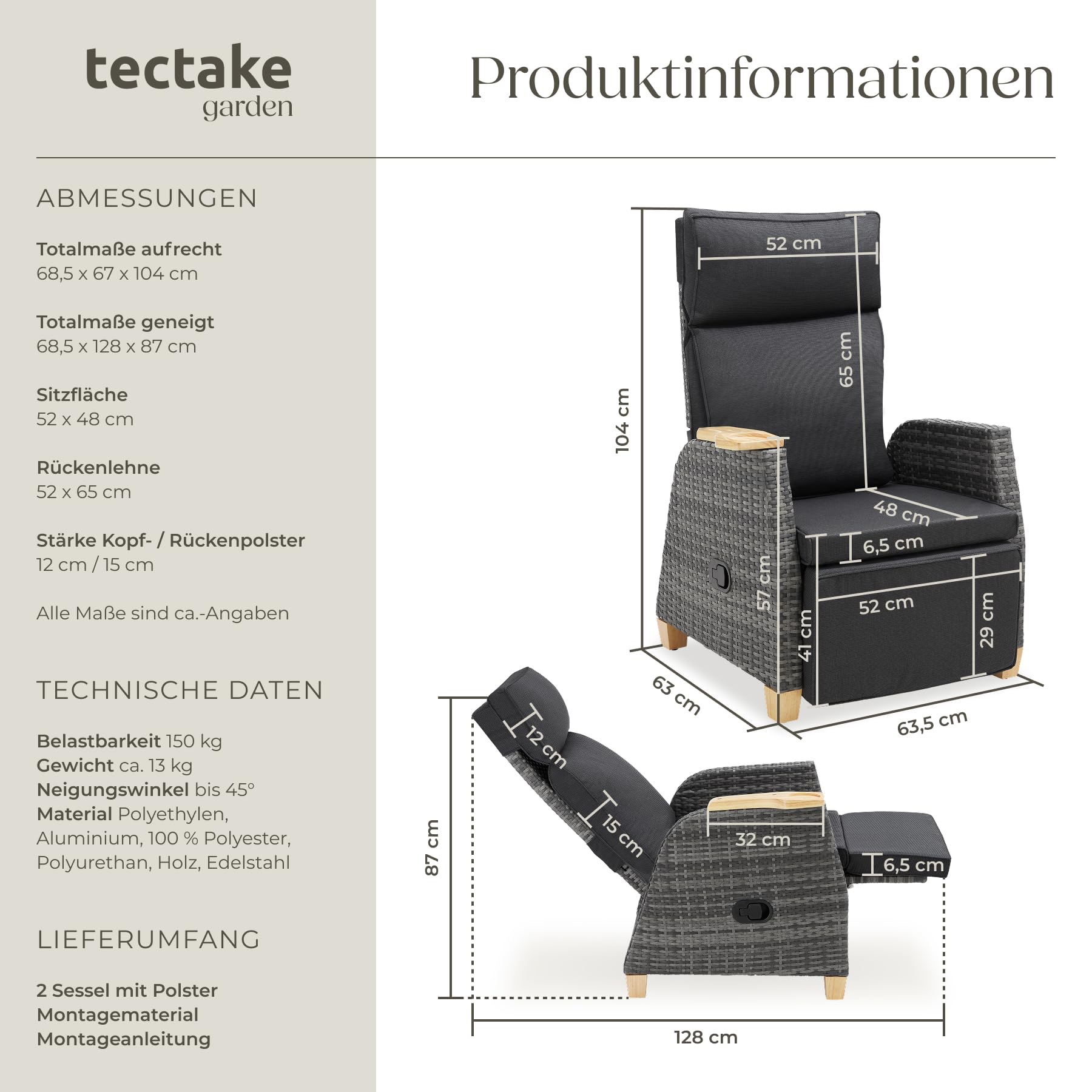 Tectake Rattan Outdoor Sessel Hochlehner mit Fußstütze verstellbare Lehne Relaxsessel Liegefunktion 2er Set