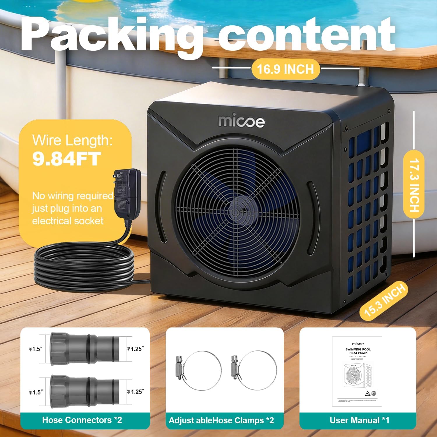 MICOE 18000 BTU Pool Heater for Above Ground Pools, Swimming Pool Heat Pump, Heating and Cooling, Smart App Control，Titanium Heat Exchanger, Ultra Quiet 50dB, 110V