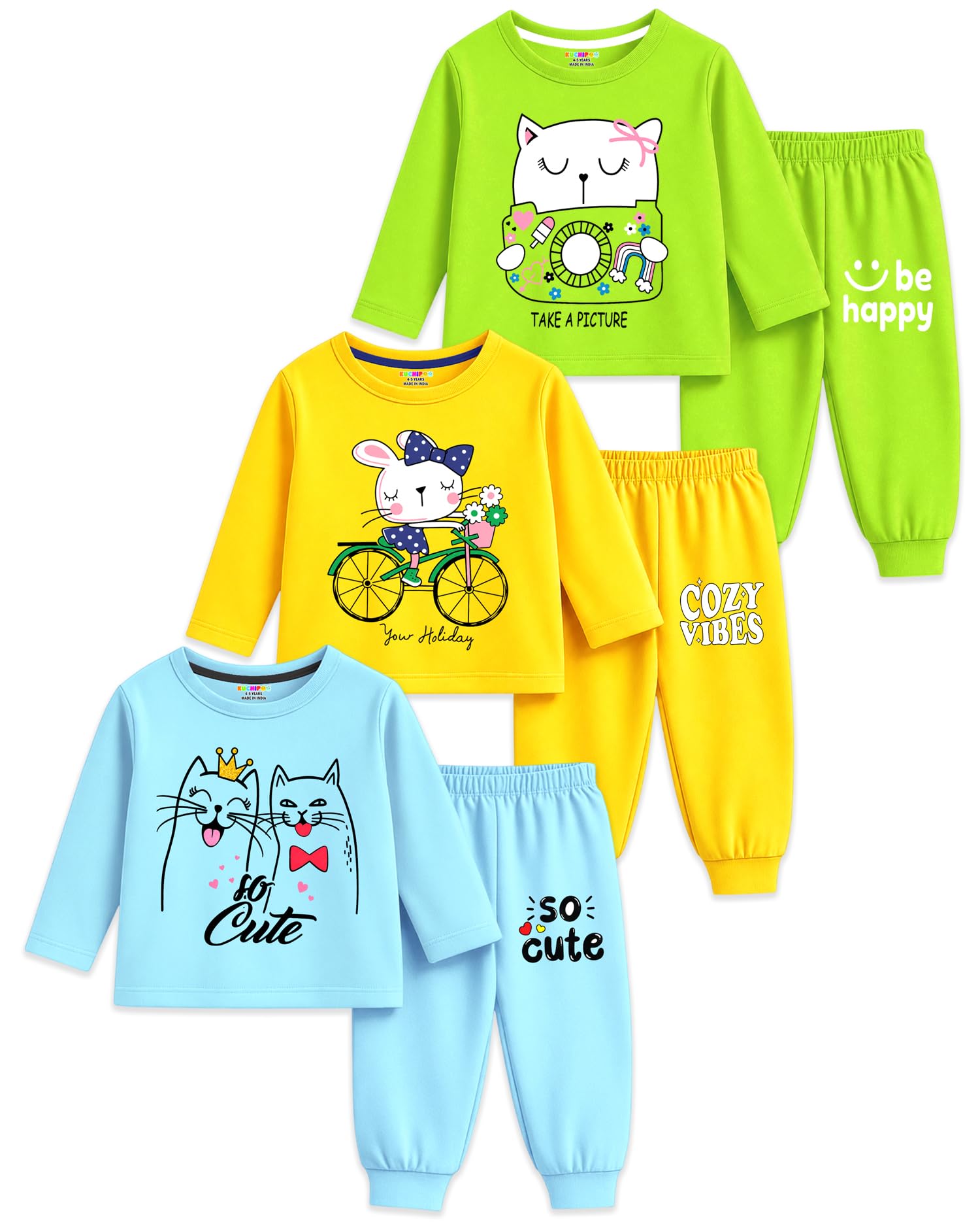 kuchipoo Girls Cotton T-shirts & Pajamas Set | Full Sleeve Printed Top & Pajama | Soft & Breathable Sleepwear | Comfortable Elastic Waist | Pack of 3-picture-20
