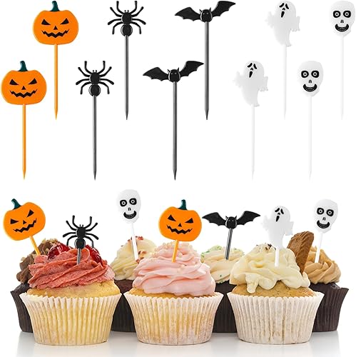 100 palillos de dientes de plástico para Halloween, decoración de cupcakes, decoración de tartas, para aperitivos de frutas, suministros de fiesta