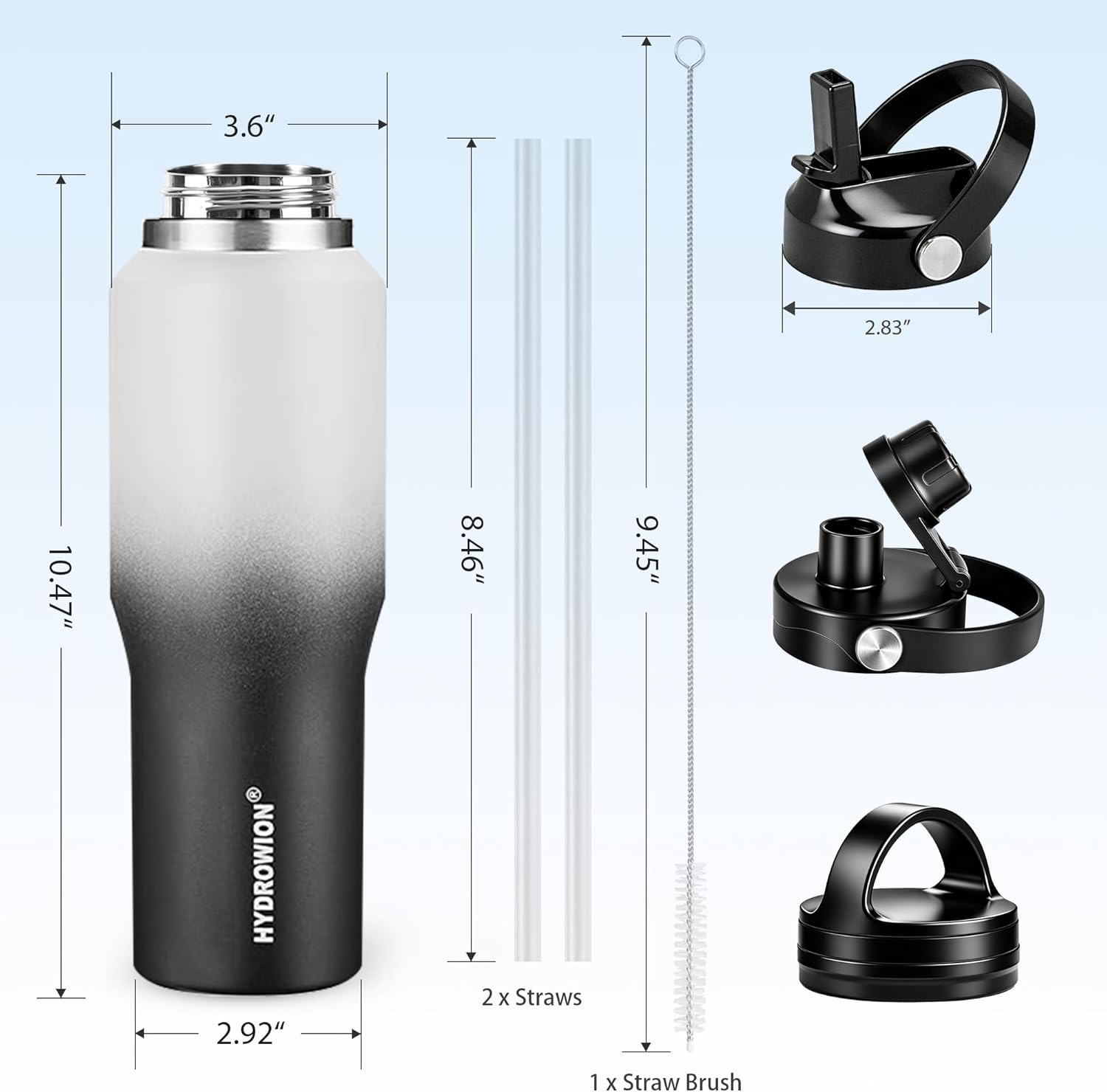 HYDROWION Insulated Water Bottle, 32oz Water Bottle with Straw Lid, Double Walled Leak Proof 32oz Vacuum Bottle (Cold for 48 Hrs,Hot for 24 Hrs) Fit in Any Car Cupholder, White&Black
