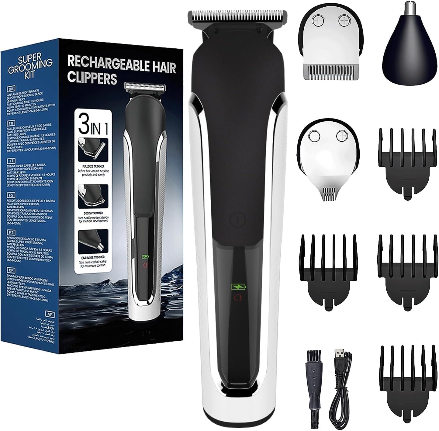 Tondeuse voor heren, 3-in-1 tondeuse set met neus- en oortrimmer, detailtrimmer, draadloze tondeuse, waterdicht IPX6 met 4 beperkte kammen