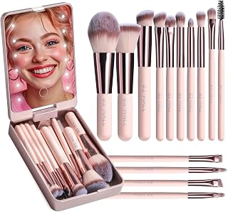 BS-MALL 14-Pc Mini Makeup Brush Set with LED Light Mirror - Portable Pink Travel Kit for Foundation, Powder, Eyes