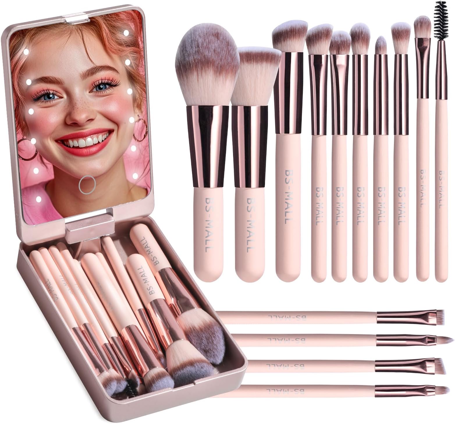 Makeup Brushes Foundation Powder Concealers Eye Shadows Makeup Set with LED light Mirror 14 Pcs Mini Makeup Brushes (APINK)