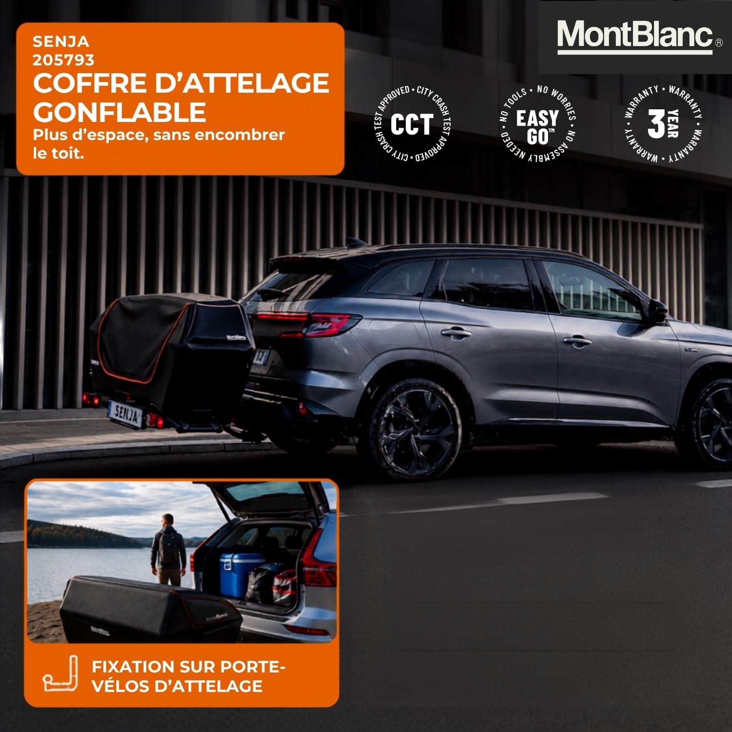 Mont Blanc Coffre d'Attelage Gonflable Senja - 76 à 300 L, Charge 48 kg