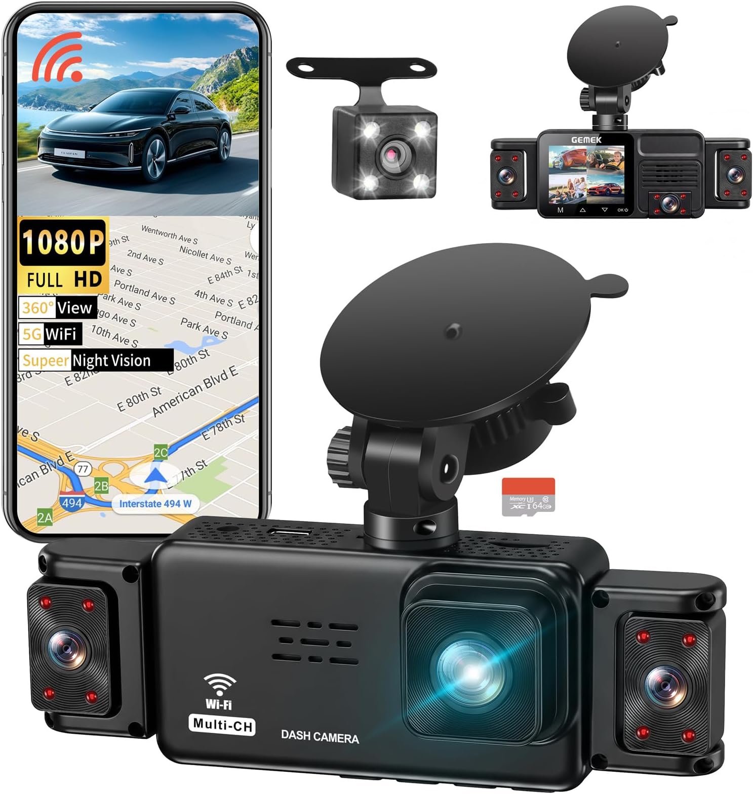 5 Channel Dash Cam 360° View 5G WiFi & APP Control, GEMEK 2K Front and Rear Inside, Left Right Dash Camera for Cars Free 64GB TF Card, G-Sensor, RV Surge Protector 30 Amp, Night Vision
