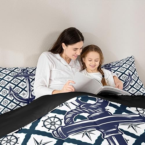 Miniatura 6 de Juego de ropa de cama de ancla náutica, tamaño Queen, juego de edredón azul marino con temática oceánica, relleno de edredón de brújula retro,