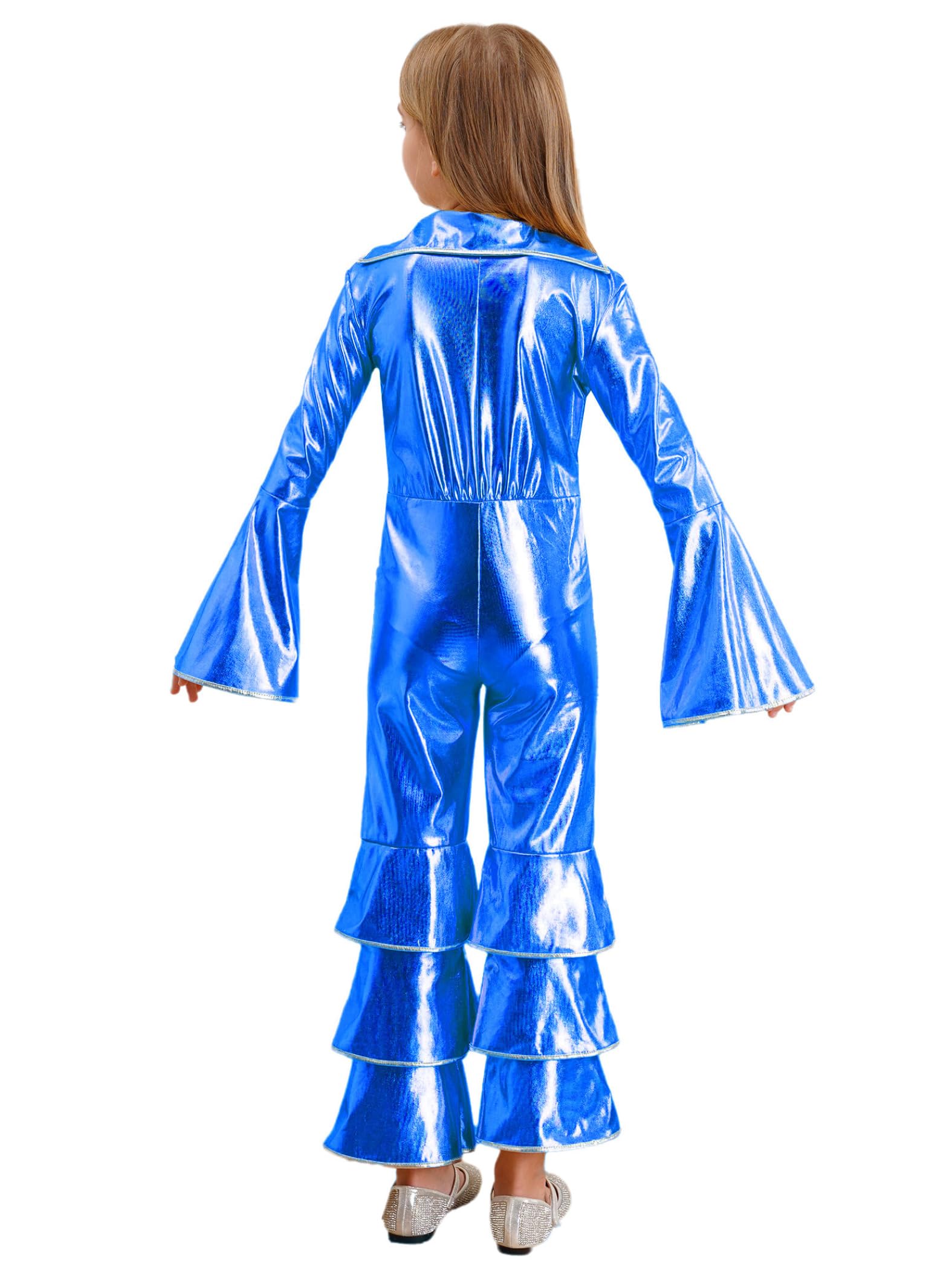 Traje De Baile Metálico Para Niñas Mono Con Volantes Disfraz De Discoteca Traje Completo Manga Larga Vestuario Baile Los Años 70 Para Actuación