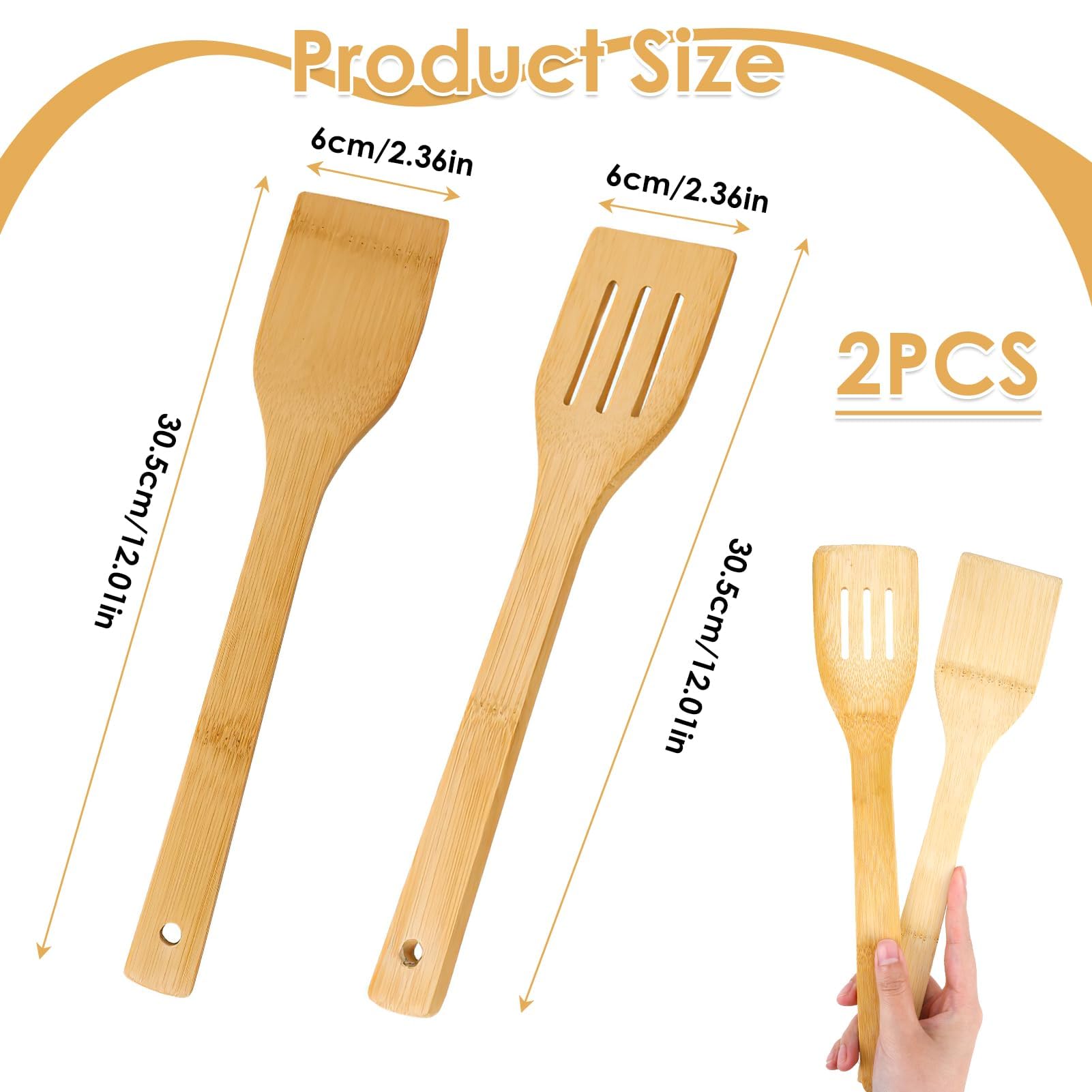 Set di 2 spatole in legno di teak naturale con manico lungo e paletta a fessura, realizzate a mano per protezione da graffi, per padella, resistente al calore, antibatterico, set di spatole