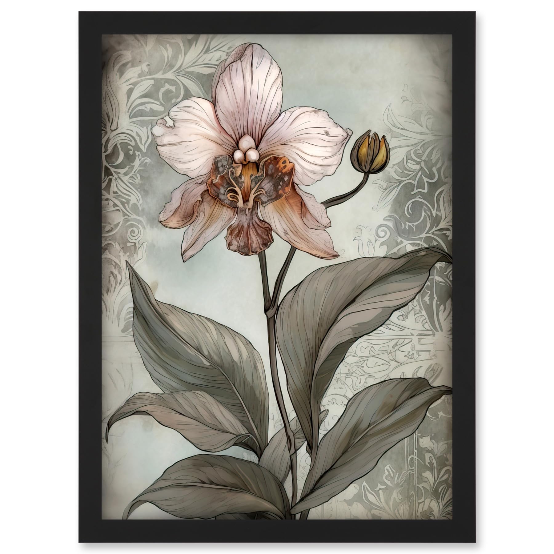 Artery8 Art Nouveau Pink Orchid Bloom Flower Watercolour Artwork Framed A3 Wall Art Print