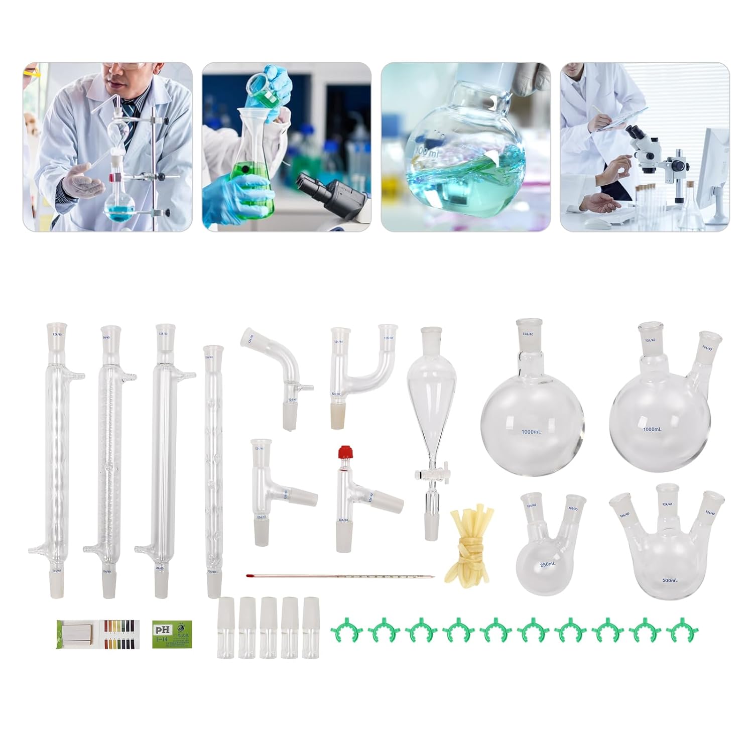 250-1000ML Essential Oil Steam Distillation Apparatus Oil Glassware Kit with Hot Stove, for Laboratories, Families, Research Centers, Universities,13Pcs（24/40）