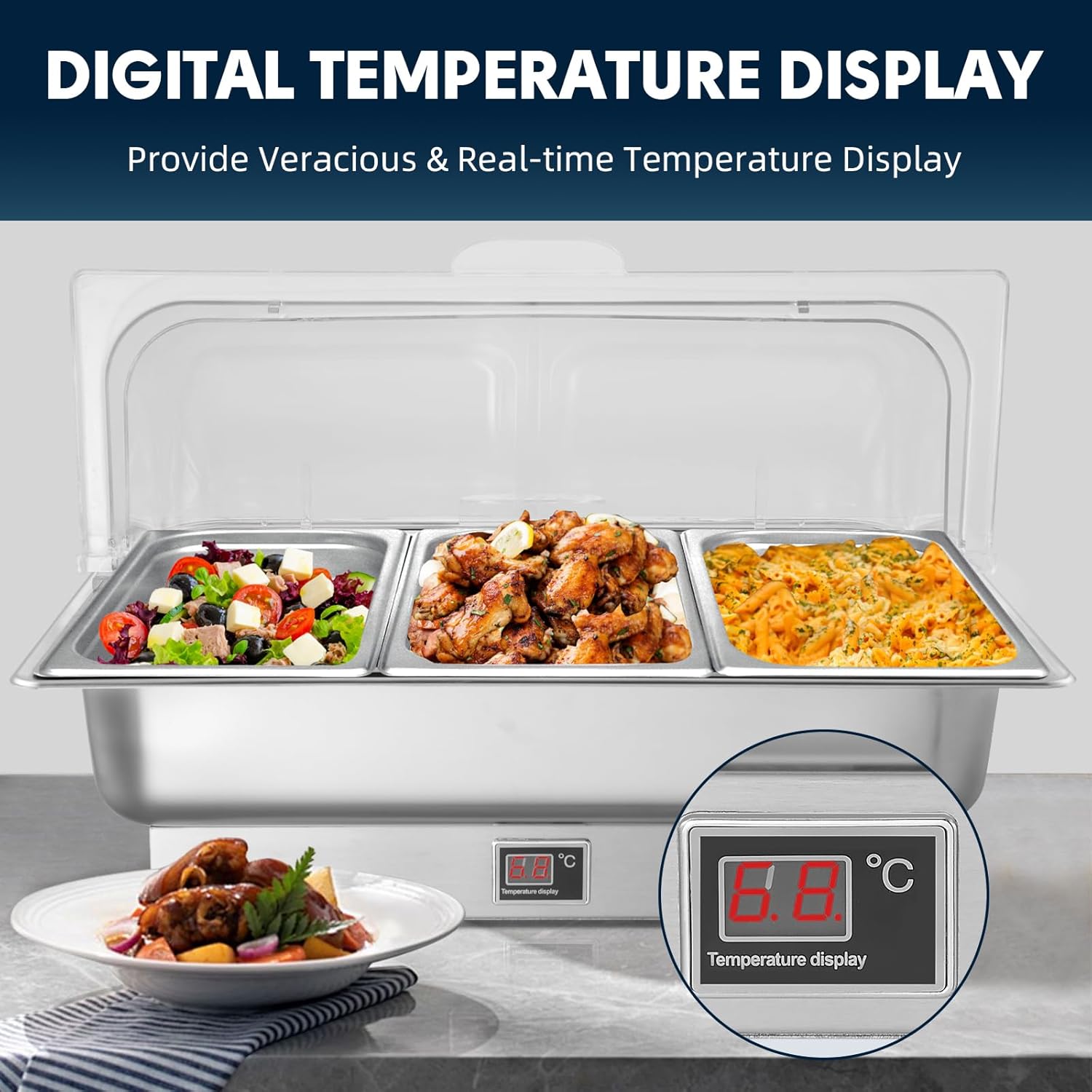 Electric Chafing Dish, 3 x 3QT Size Electric Chafing Dish Buffet Set with Rotary Knob Adjustable Temp, 700W Electric Buffet Servers and Warmers with Roll Top for Catering