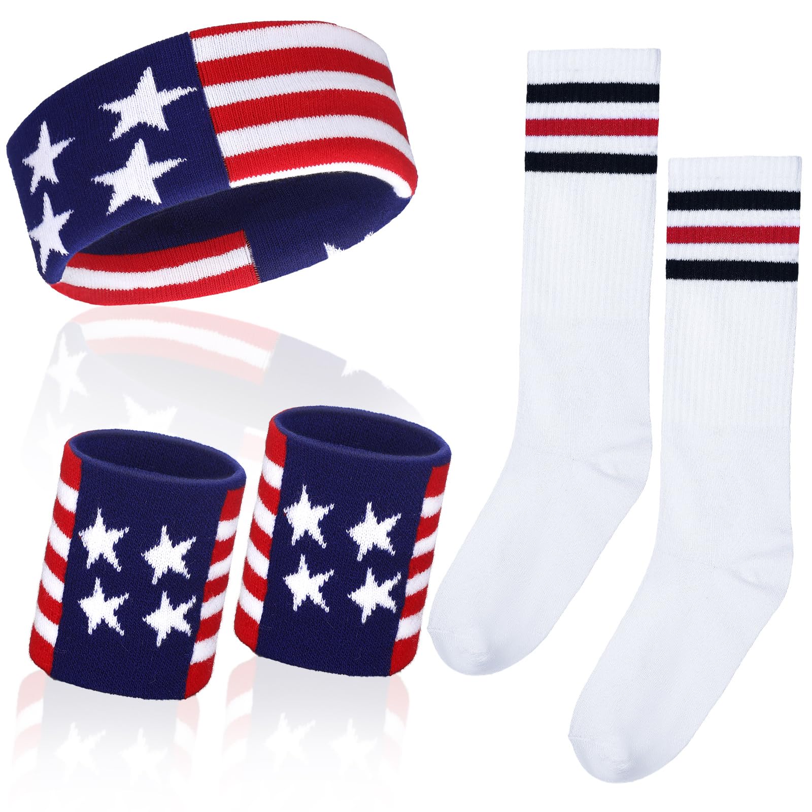 Skylety 5 Pcs Striped Sweatband Sock Set Wrist Sweatband Headband High Striped Headband for Men Women Sports 80s Party(White, Navy Blue and Red)