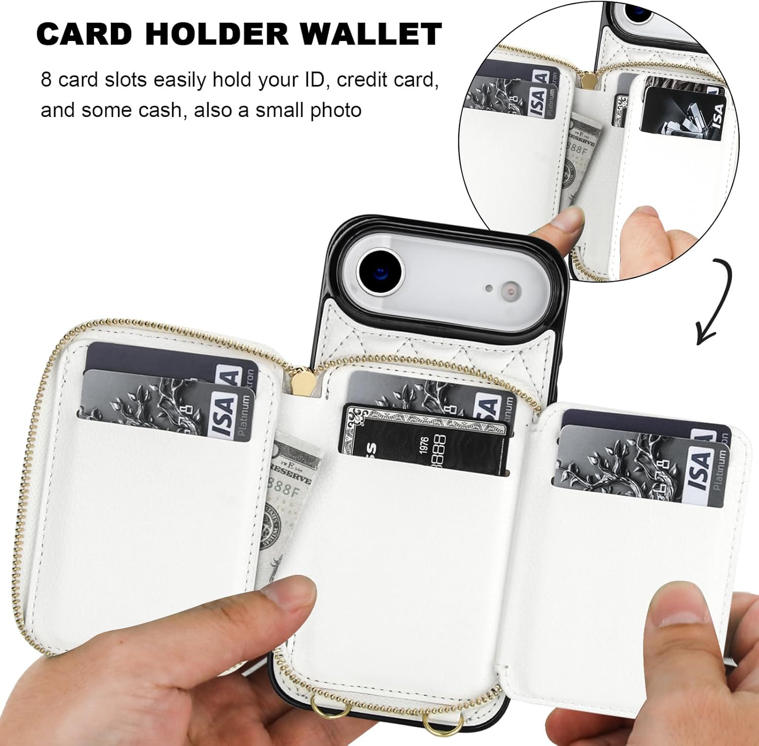 Bocasal Crossbody Wallet Case for iPhone 17 Air, RFID Blocking PU Leather Zipper Handbag Purse Flip Cover, Kickstand Folio Case with Card Slots Holder Wrist Strap Lanyard 5G 6.5 Inch (White)