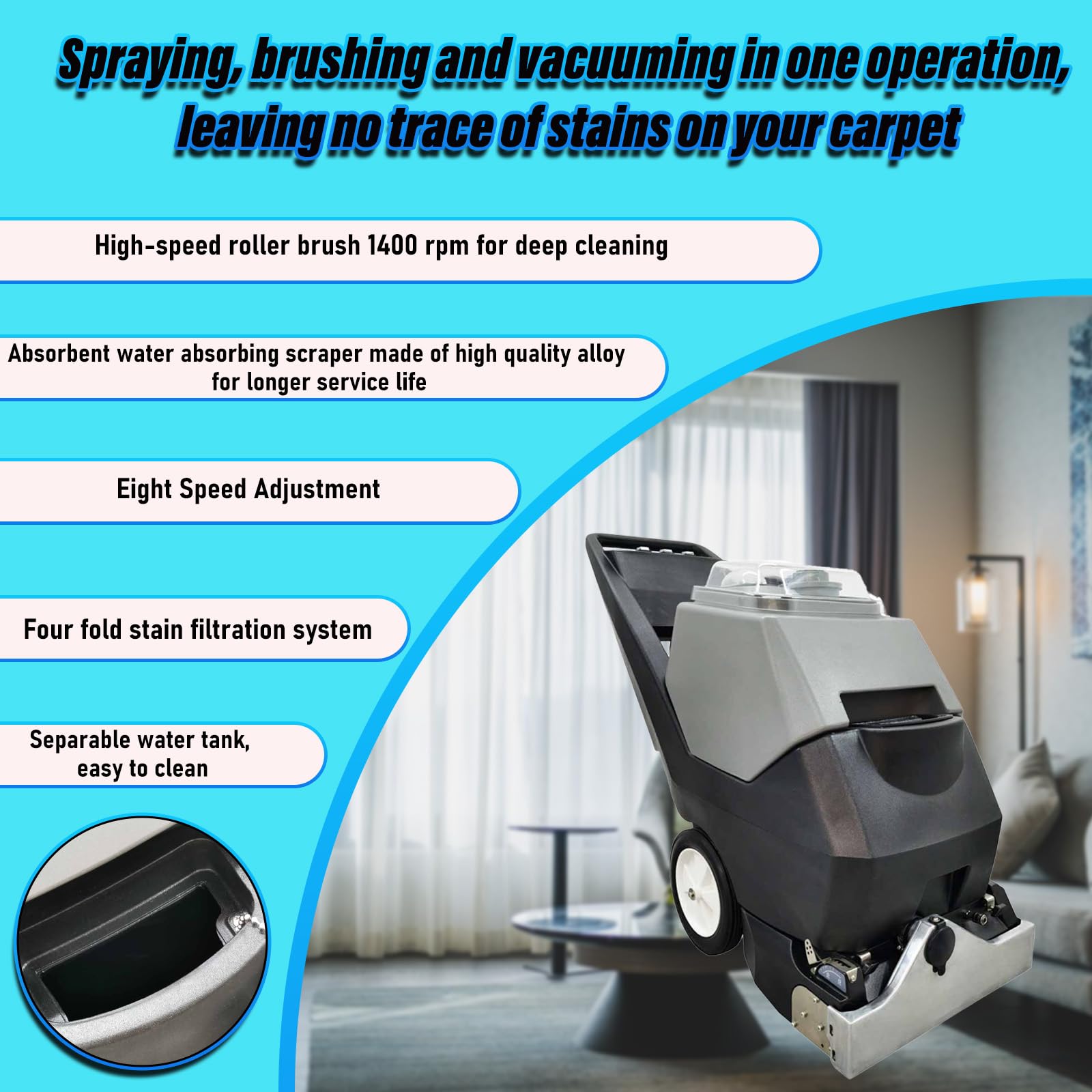 WYDDDARY 1400RPM Commercial Hand Push Carpet Cleaning Machine 2320W Hotel Carpet Extractor 3-in-1 Carpet Cleaner 110V