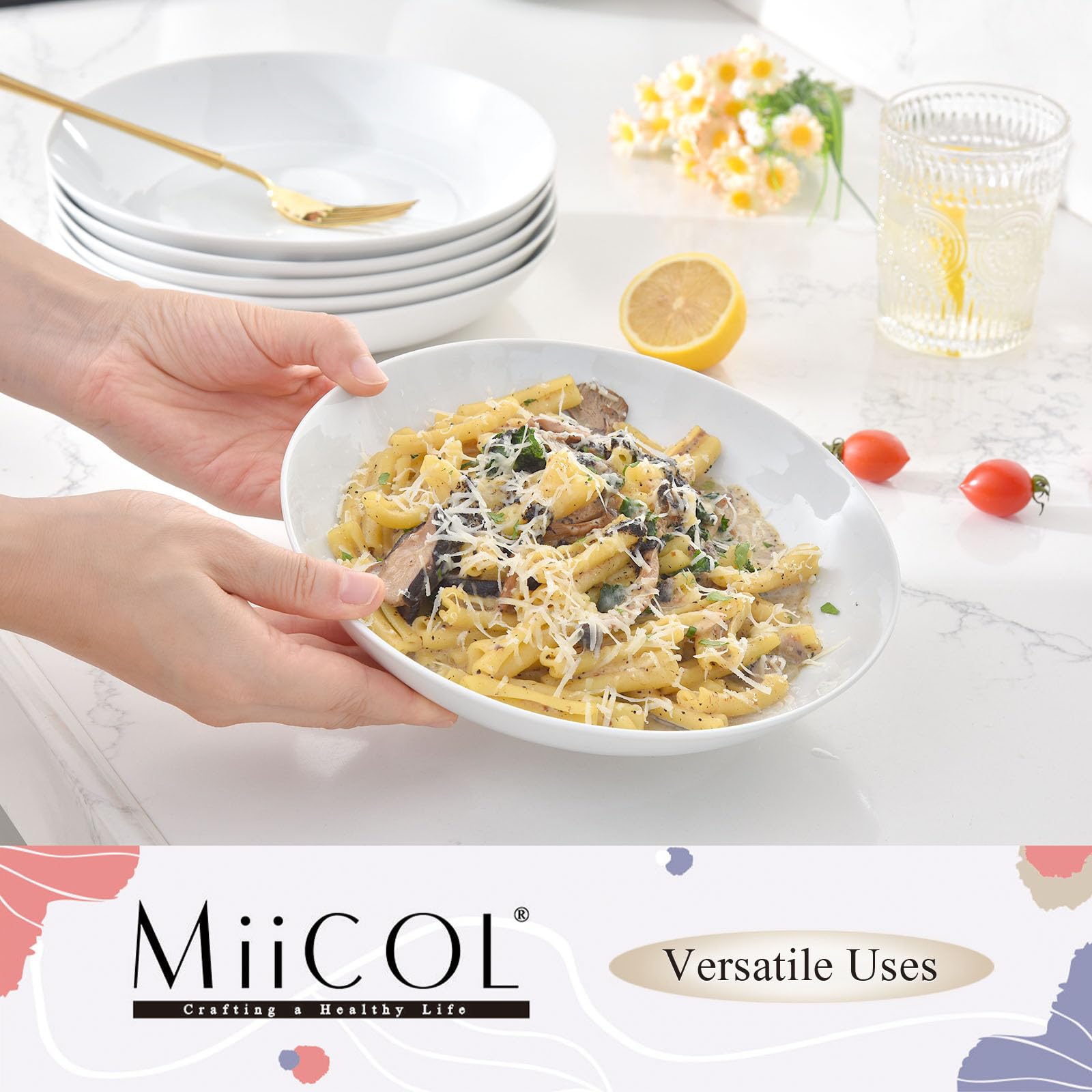 Miicol Lot de 6 Assiettes Creuses en Céramique Blanche, 800 ml Assiettes à Pâtes Profondes, Idéales comme Bol à Ramen ou Saladier pour Céréales et Fruits, Compatible Lave-vaisselle & Micro-ondes