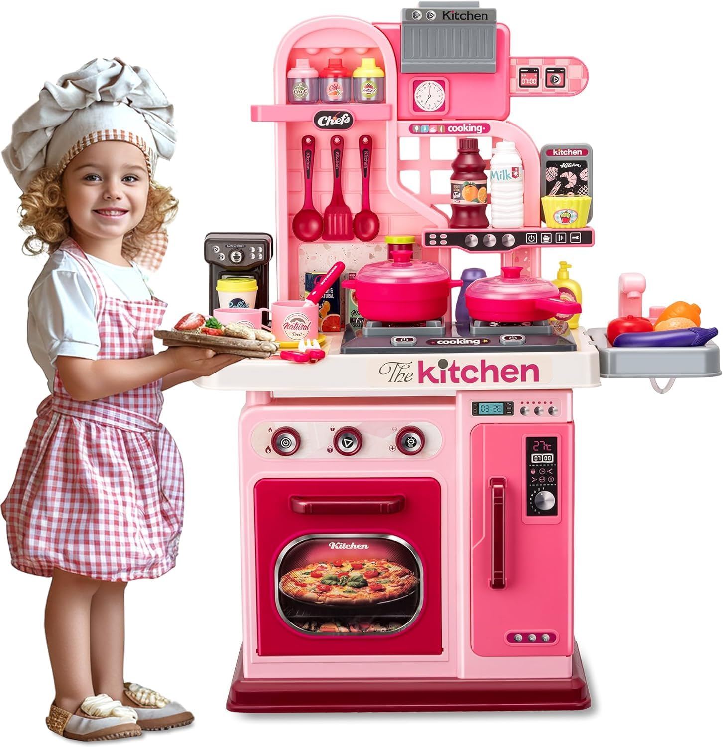 CENXI Kids Kitchen Playset - Cooking Stove, Play Sink, Oven, Realistic Lights & Sounds, Pretend Play Toys, Toddler Kitchen Toys (PINK)