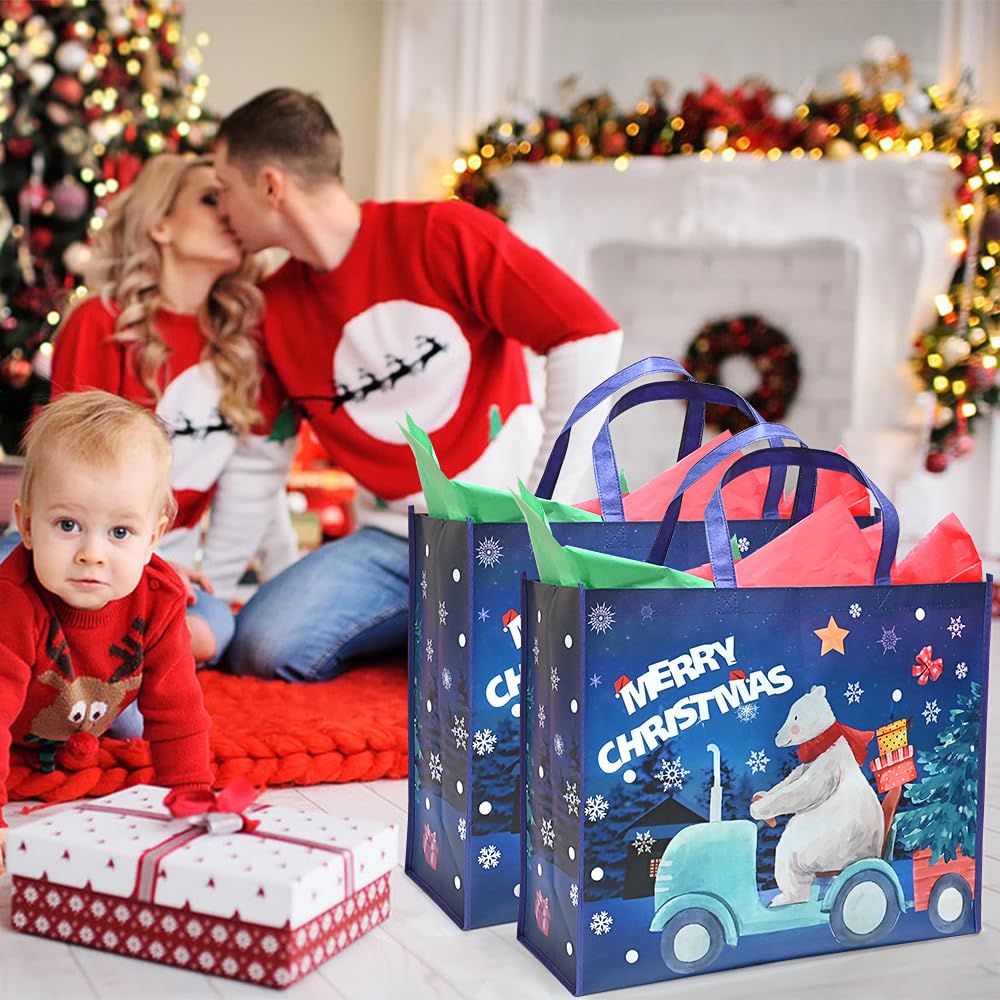 Sacchetti Regalo Di Natale Grandi Con Nastro: 2 Pezzi + 4 Fogli Di Carta Per Compleanni E Feste
