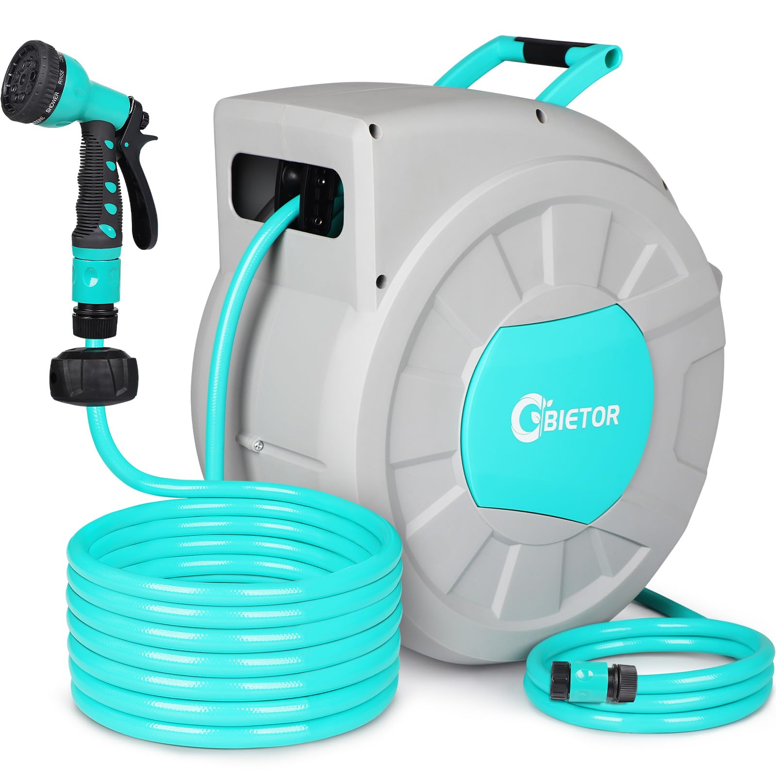 Bietor Retractable Garden Hose Reel, 1/2" 35m+2m Water Hose Reel with 180° Swivel Bracket, UV Resistant Automatic Hose Reel Wall Mount for Outside, Slow Retraction Any Length Lock 9 Spray Nozzle