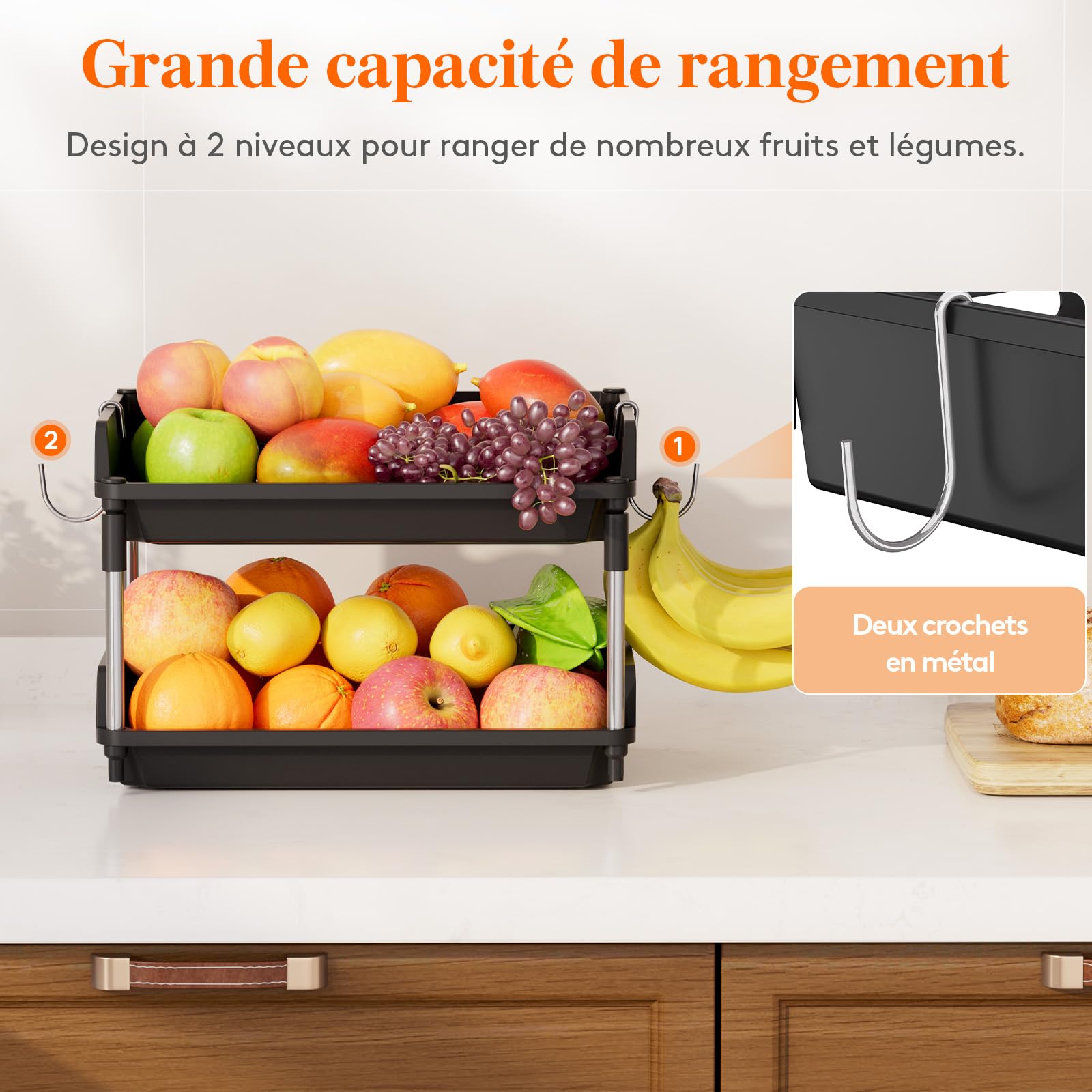 Lifewit Corbeille a Fruit, Panier Fruits avec Deux Crochets Détachables, Panier Legumes Rangement Cuisine avec Support en Métal, Plastique Rangement Pomme de Terre, 28cm(H), Noir, 2 Niveaux